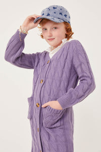 GK1120 Lavender Girls Cable Detail V Neck Buttoned Longline Sweater Cardigan Side