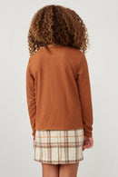 GK1154 BROWN Girls Ruffle Front Buttoned Ribbed Knit Top Back