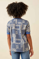 GK1160 Blue Girls Contrast Printed Princess Seam Mix Media Top Back