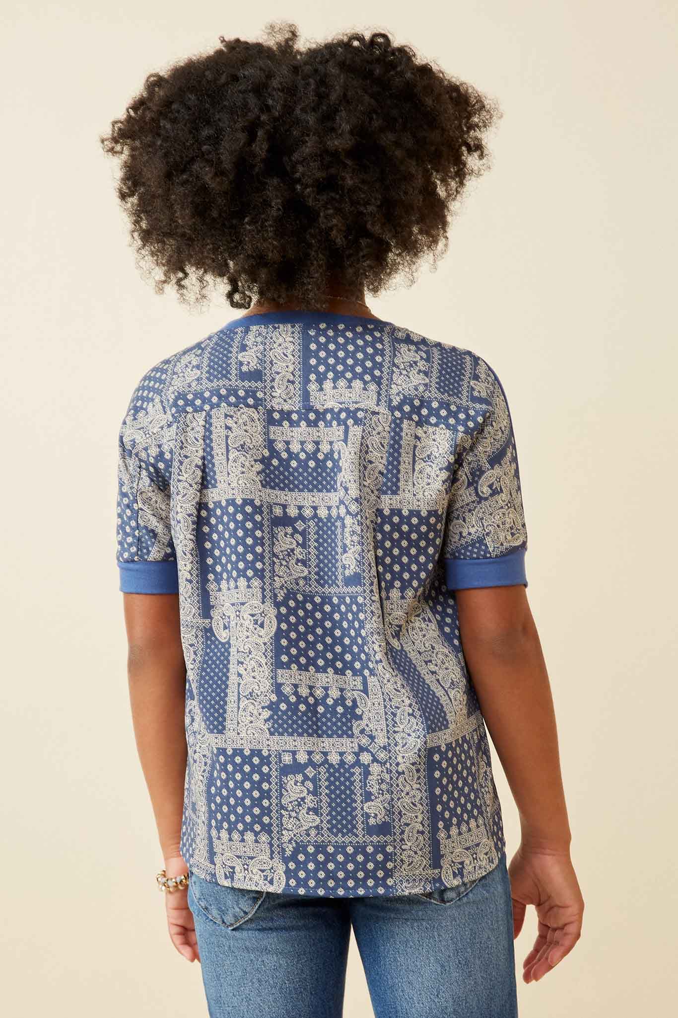 GK1160 Blue Girls Contrast Printed Princess Seam Mix Media Top Back