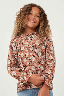 GK1171 BROWN Girls Floral Print Ruffled Collar Top Front
