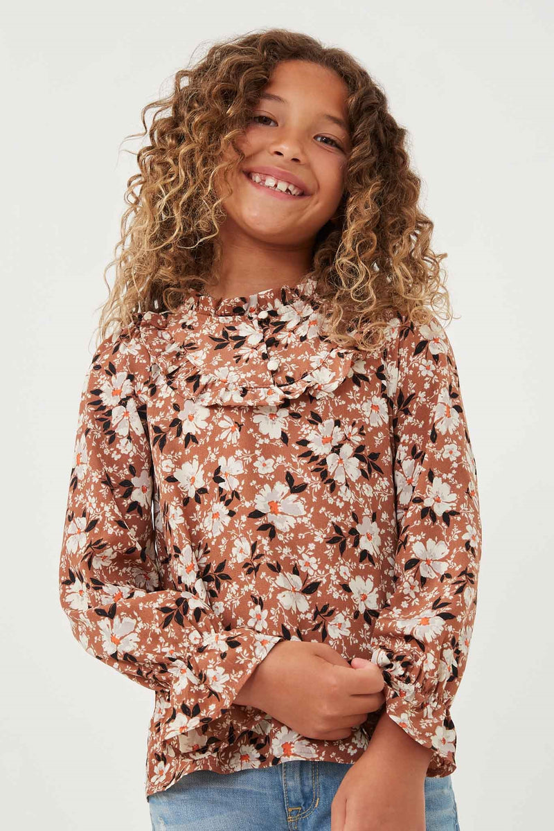 GK1171 BROWN Girls Floral Print Ruffled Collar Top Front