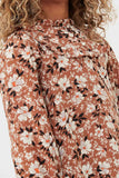 GK1171 BROWN Girls Floral Print Ruffled Collar Top Detail