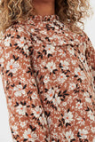 GK1171 BROWN Girls Floral Print Ruffled Collar Top Detail