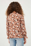 GK1171 BROWN Girls Floral Print Ruffled Collar Top Back