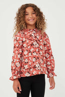 GK1171 RUST Girls Floral Print Ruffled Collar Top Front