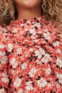 GK1171 RUST Girls Floral Print Ruffled Collar Top Detail