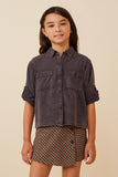 GK1191 Charcoal Girls Garment Dyed Tencel Button Up Shirt Front