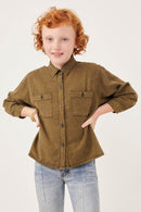 GK1191 Olive Girls Garment Dyed Tencel Button Up Shirt Front
