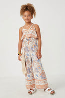 GK1196 Cream Girls Border Print Wide Leg Layered Jumpsuit Full Body