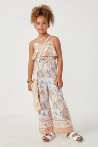 GK1196 Cream Girls Border Print Wide Leg Layered Jumpsuit Full Body