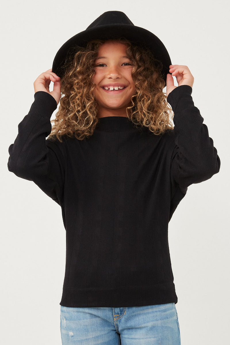GK1215 Black Girls Textured Zipper Detail Long Sleeve Knit Top Front