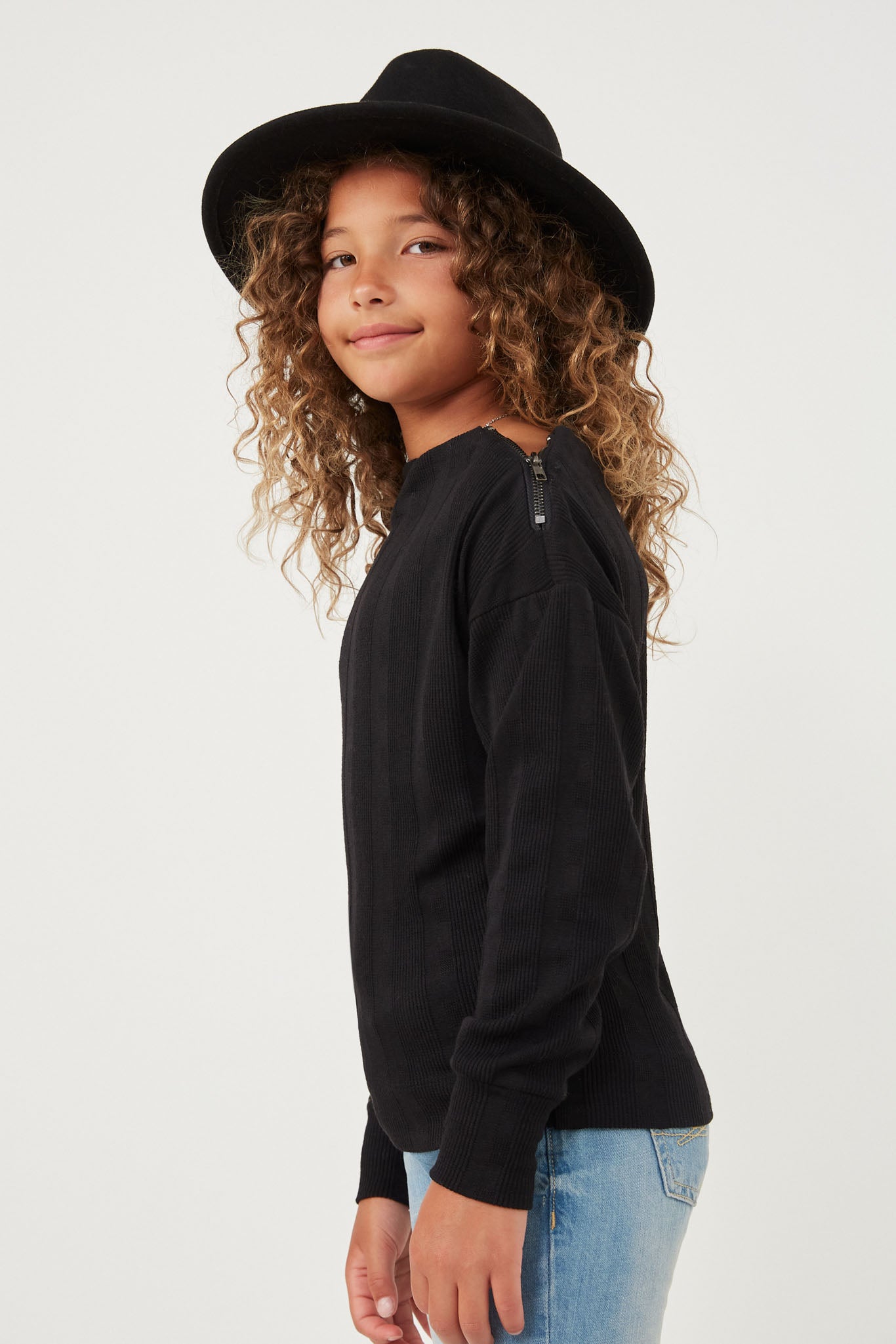 Textured Zipper Detail Long Sleeve Knit Top