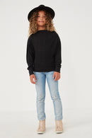 GK1215 Black Girls Textured Zipper Detail Long Sleeve Knit Top Full Body