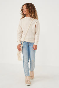 GK1215 Cream Girls Textured Zipper Detail Long Sleeve Knit Top Full Body