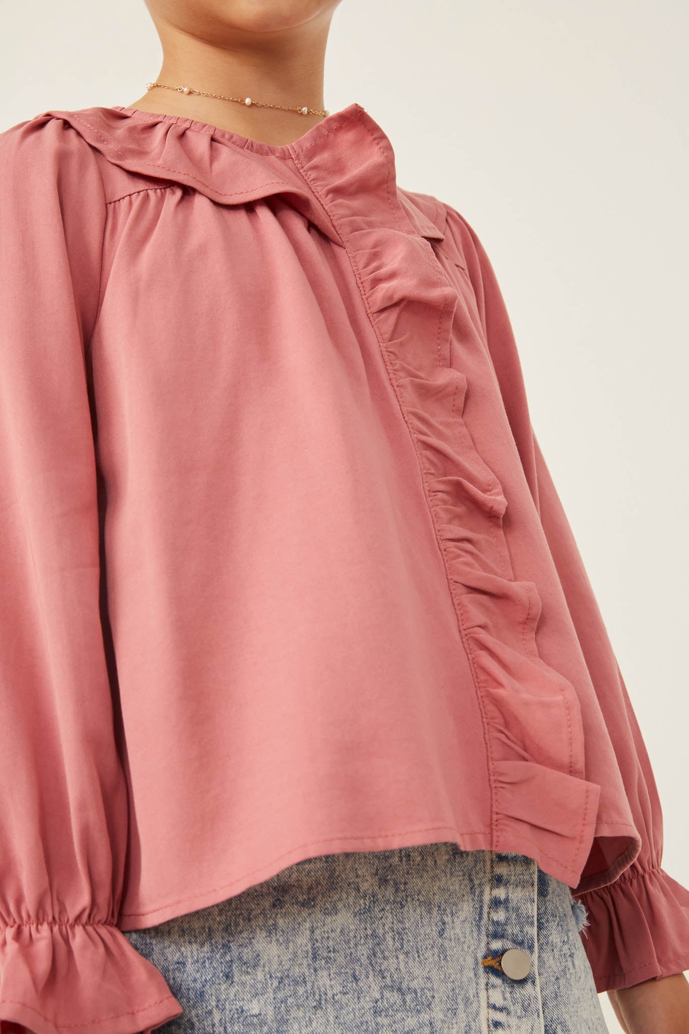 Exaggerated Ruffle Placket Long Sleeve Top