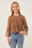 GK1288 BROWN Girls Daisy Print Tiered Chiffon Top Front