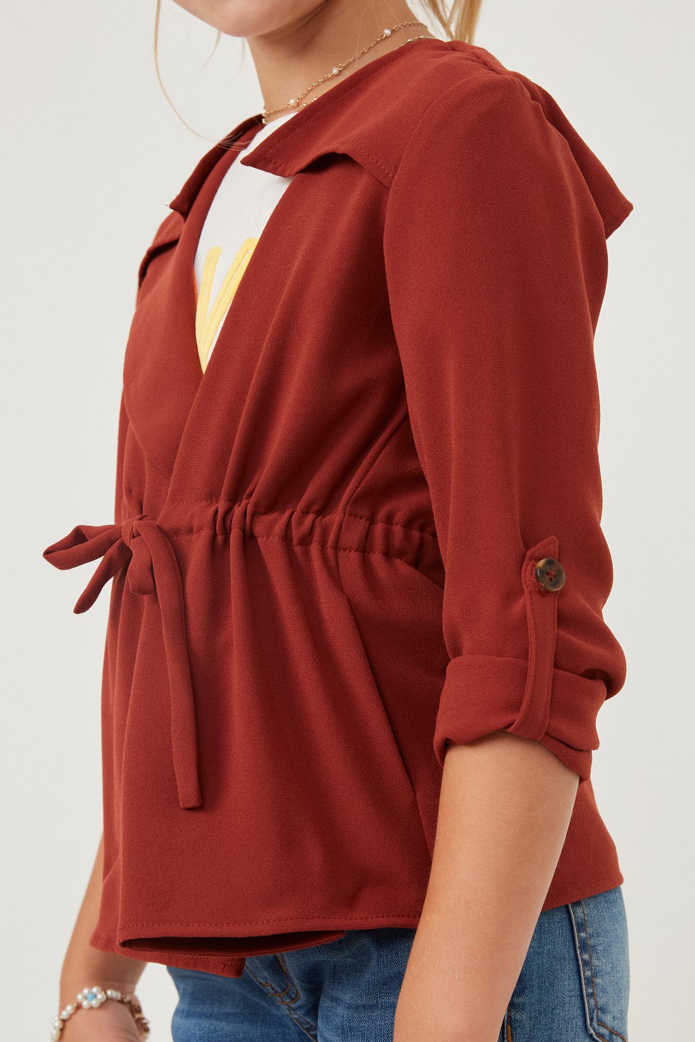 GK1293 Rust Girls Cropped Trench With Tie Closure Detail