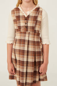 GK1305 Brown Girls Button Detail V Neck Brushed Plaid Skirtall Detail