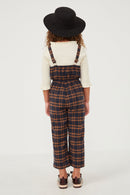 GK1310 NAVY Girls Button Detail Brushed Plaid Overalls Back