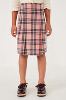GK1314 Pink Girls Pleated Plaid Midi Skirt Front