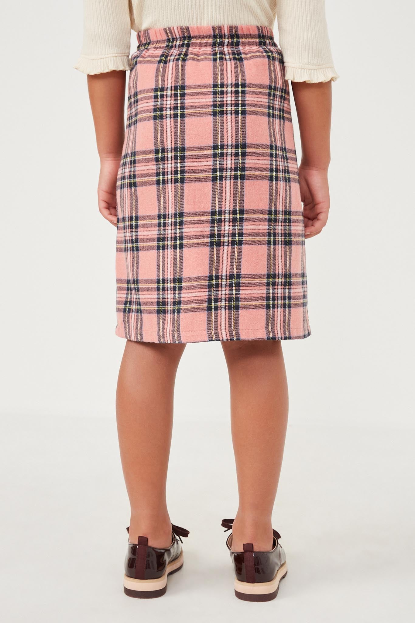 GK1314 Pink Girls Pleated Plaid Midi Skirt Back
