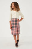 GK1314 Pink Girls Pleated Plaid Midi Skirt Full Body