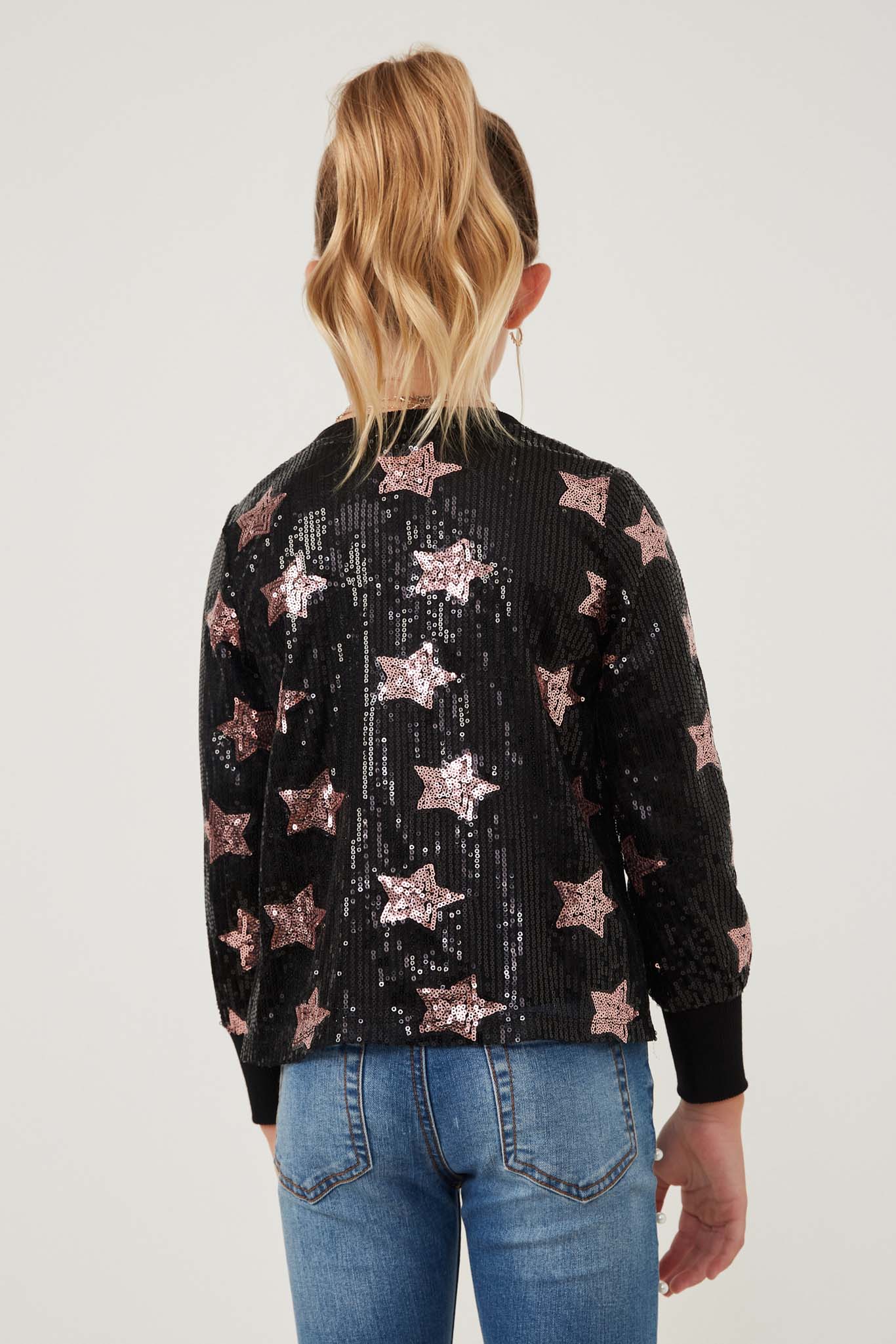 GK1347 BLACK Girls Sequined Star Pattern Sweatshirt Back