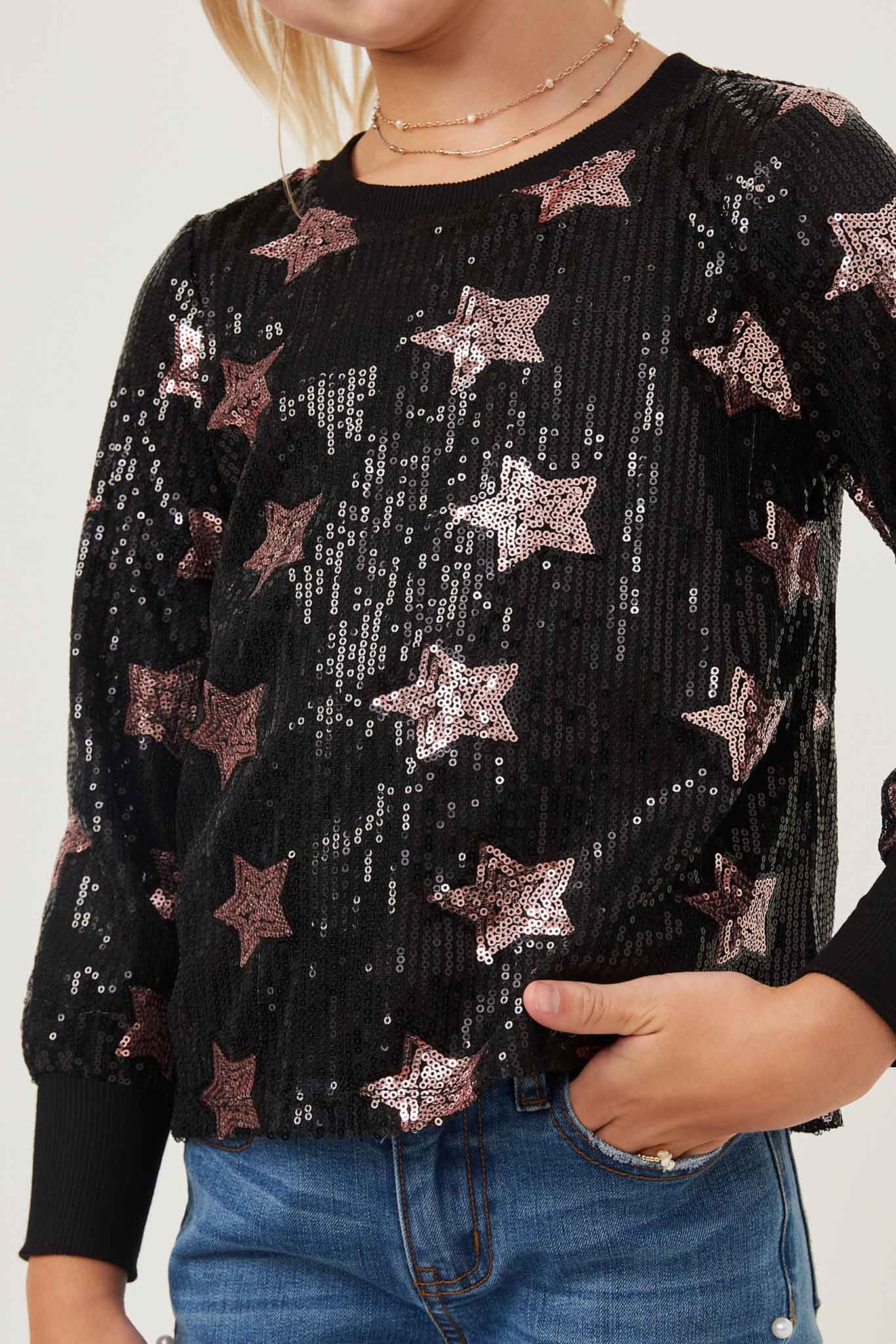 GK1347 BLACK Girls Sequined Star Pattern Sweatshirt Detail