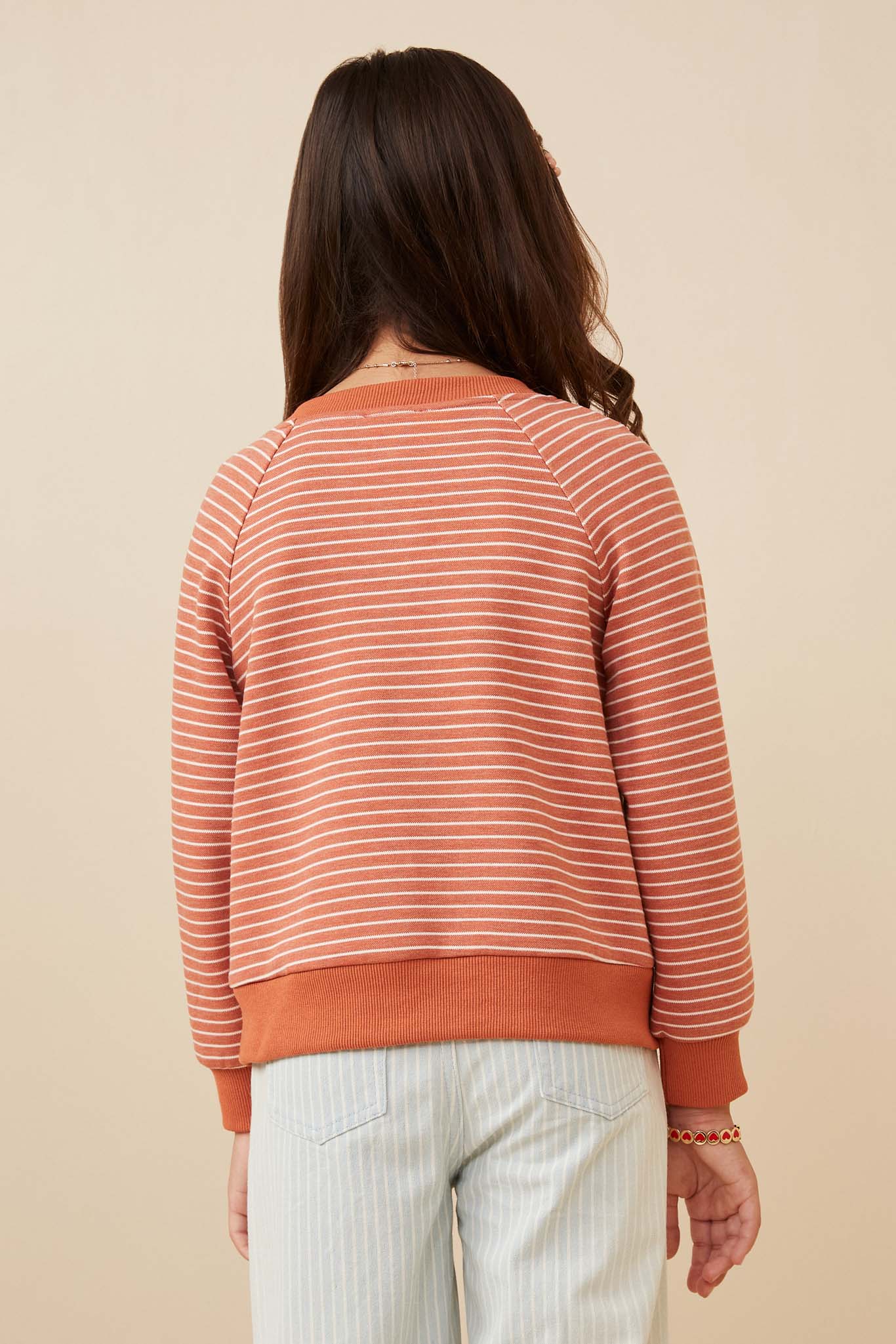 GK1361 Rust Girls Striped Kangaroo Pocket Knit Long Sleeve Henley Back