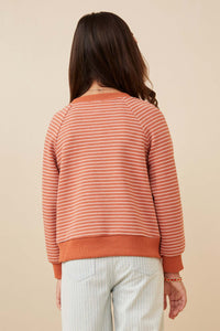 GK1361 Rust Girls Striped Kangaroo Pocket Knit Long Sleeve Henley Back