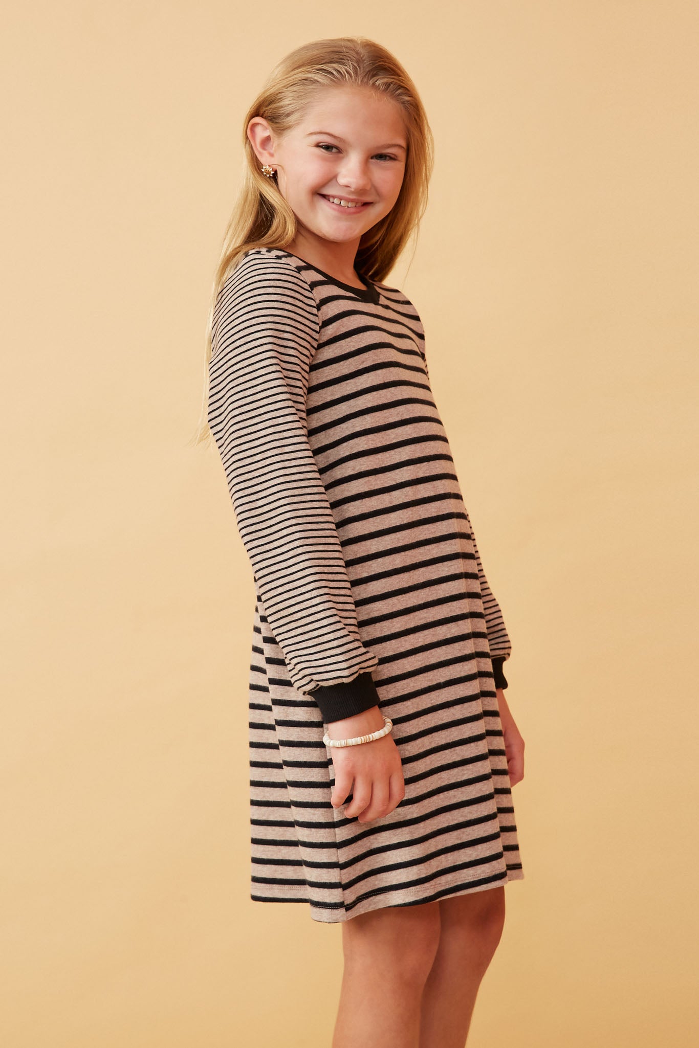 GK1362 Taupe Girls Stripe Blocked Button Detail Knit Shift Dress Side