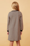 GK1362 Taupe Girls Stripe Blocked Button Detail Knit Shift Dress Back