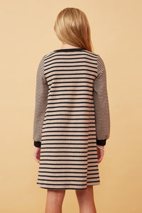 GK1362 Taupe Girls Stripe Blocked Button Detail Knit Shift Dress Back