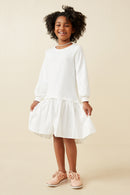 GK1363 Off White Girls Mix Media Pleated Skirt Long Sleeve Dress Full Body