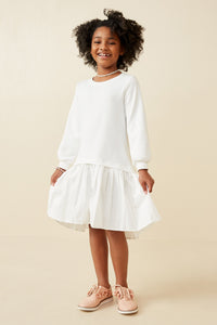 GK1363 Off White Girls Mix Media Pleated Skirt Long Sleeve Dress Full Body