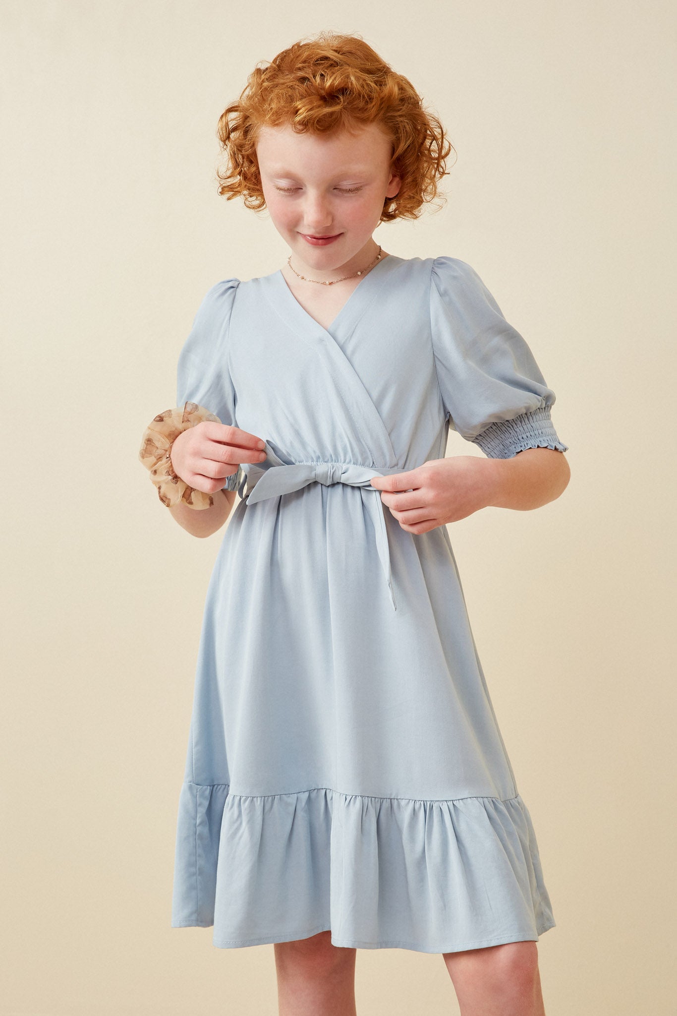 Belted Smocked Cuff Surplice Dress