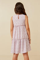 GK1367 Purple Girls Ditsy Floral Ruffle Neck Tiered Tank Dress Back
