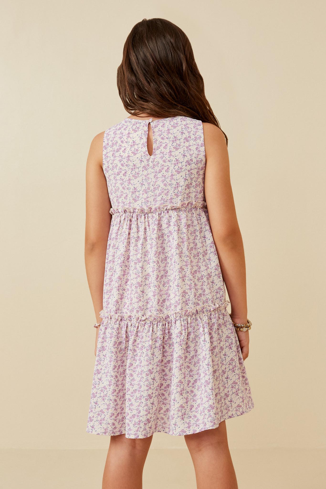GK1367 Purple Girls Ditsy Floral Ruffle Neck Tiered Tank Dress Back