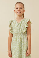 GK1371 Green Girls Floral Print Ruffled V Neck Smock Waist Dress Front