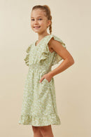 GK1371 Green Girls Floral Print Ruffled V Neck Smock Waist Dress Side