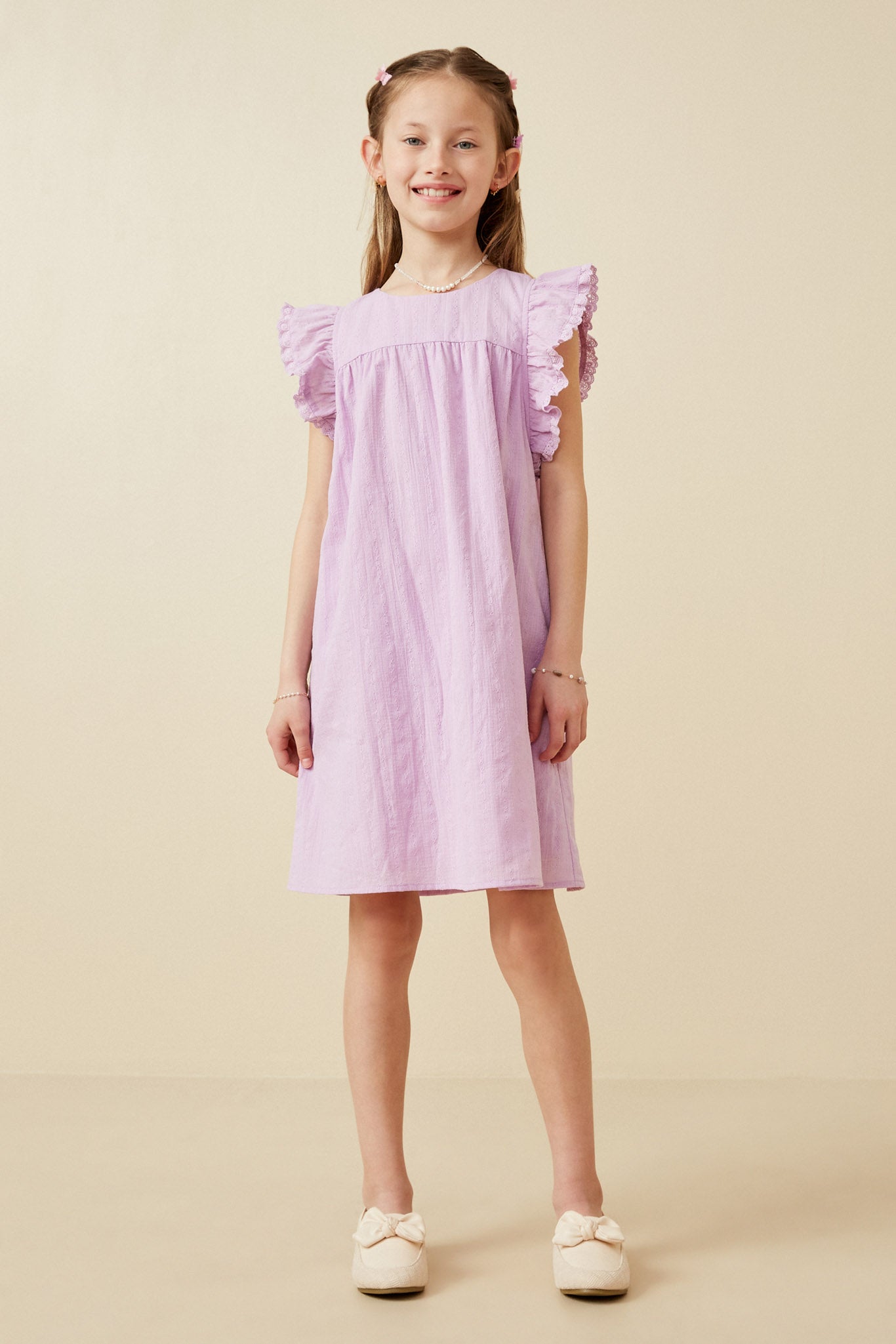 Textured Lace Trim Ruffle Sleeve Dress