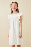 GK1375 Off White Girls Textured Lace Trim Ruffle Sleeve Dress Front
