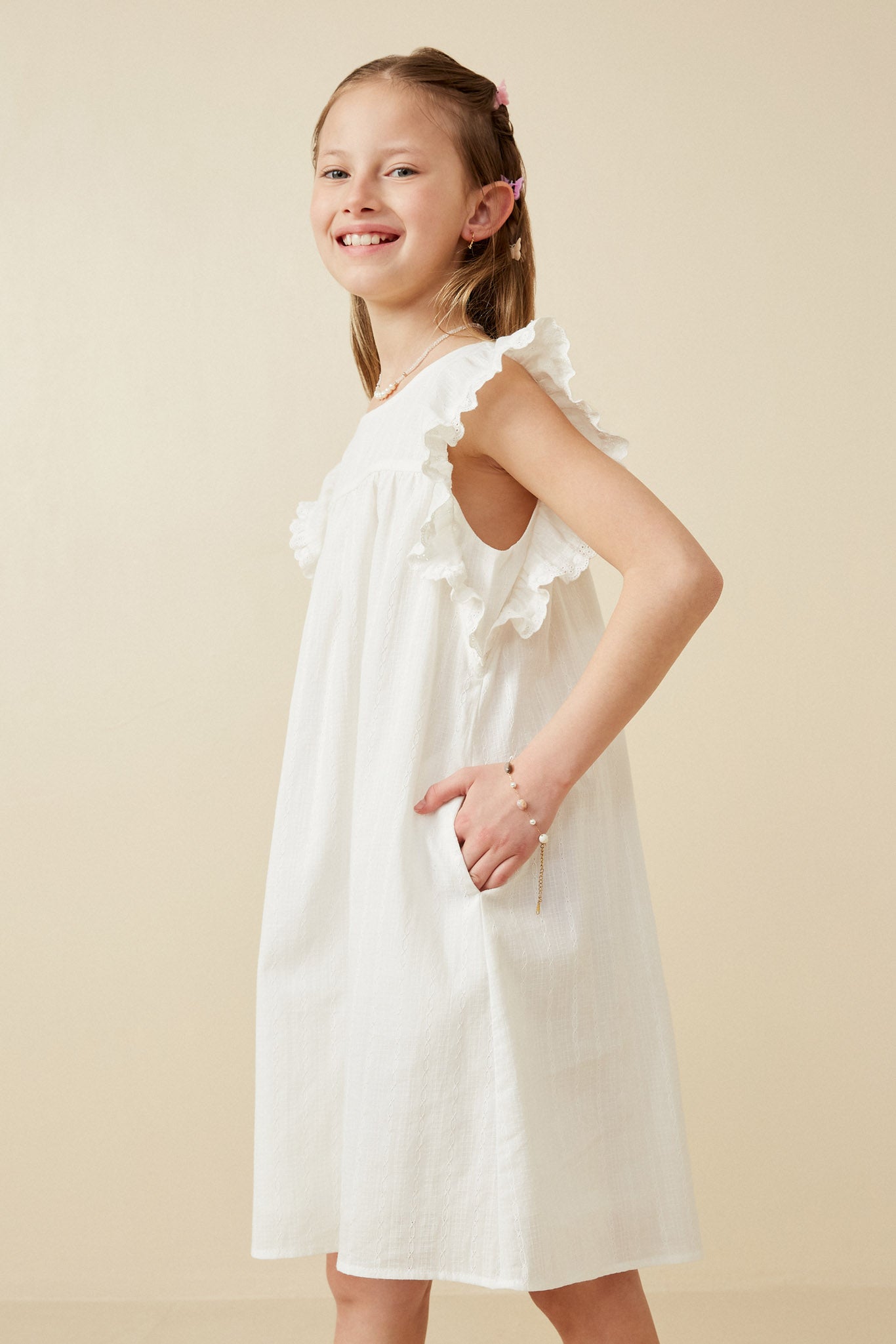 GK1375 Off White Girls Textured Lace Trim Ruffle Sleeve Dress Side