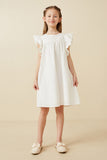 GK1375 Off White Girls Textured Lace Trim Ruffle Sleeve Dress Full Body