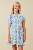 GK1384 Blue Girls Watercolor Floral Puff Sleeve Dress Front