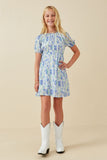 GK1384 Blue Girls Watercolor Floral Puff Sleeve Dress Full Body