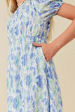 GK1384 Blue Girls Watercolor Floral Puff Sleeve Dress Side