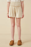 GK1385 Beige Girls Smocked Detail Relaxed Shorts Front