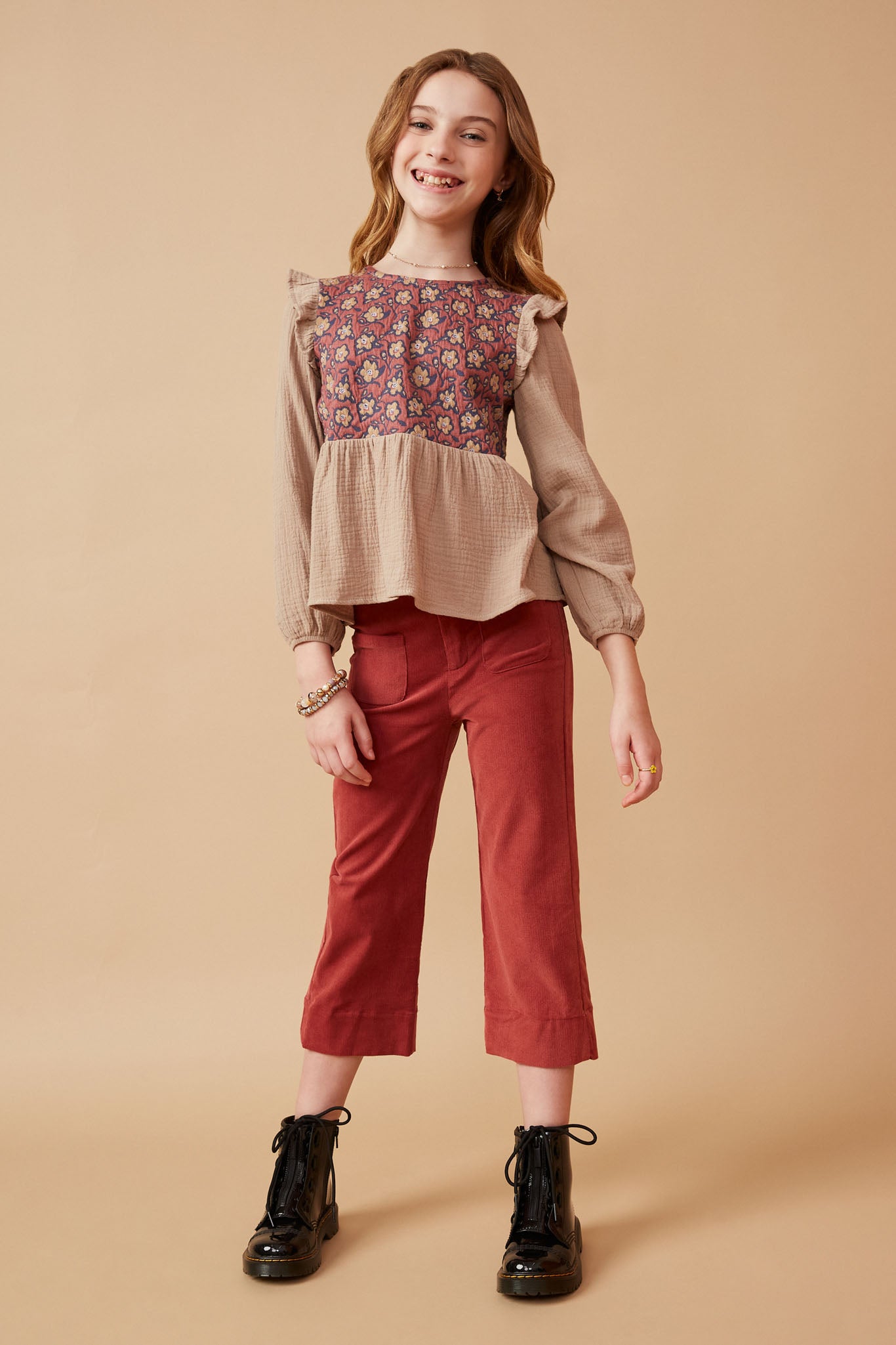 Textured Floral Panel Mix Media Ruffled Top